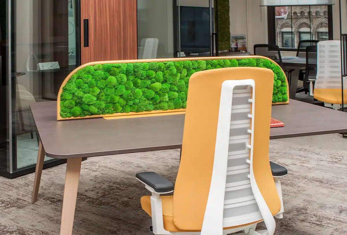 Office desk with green moss divider and chair.