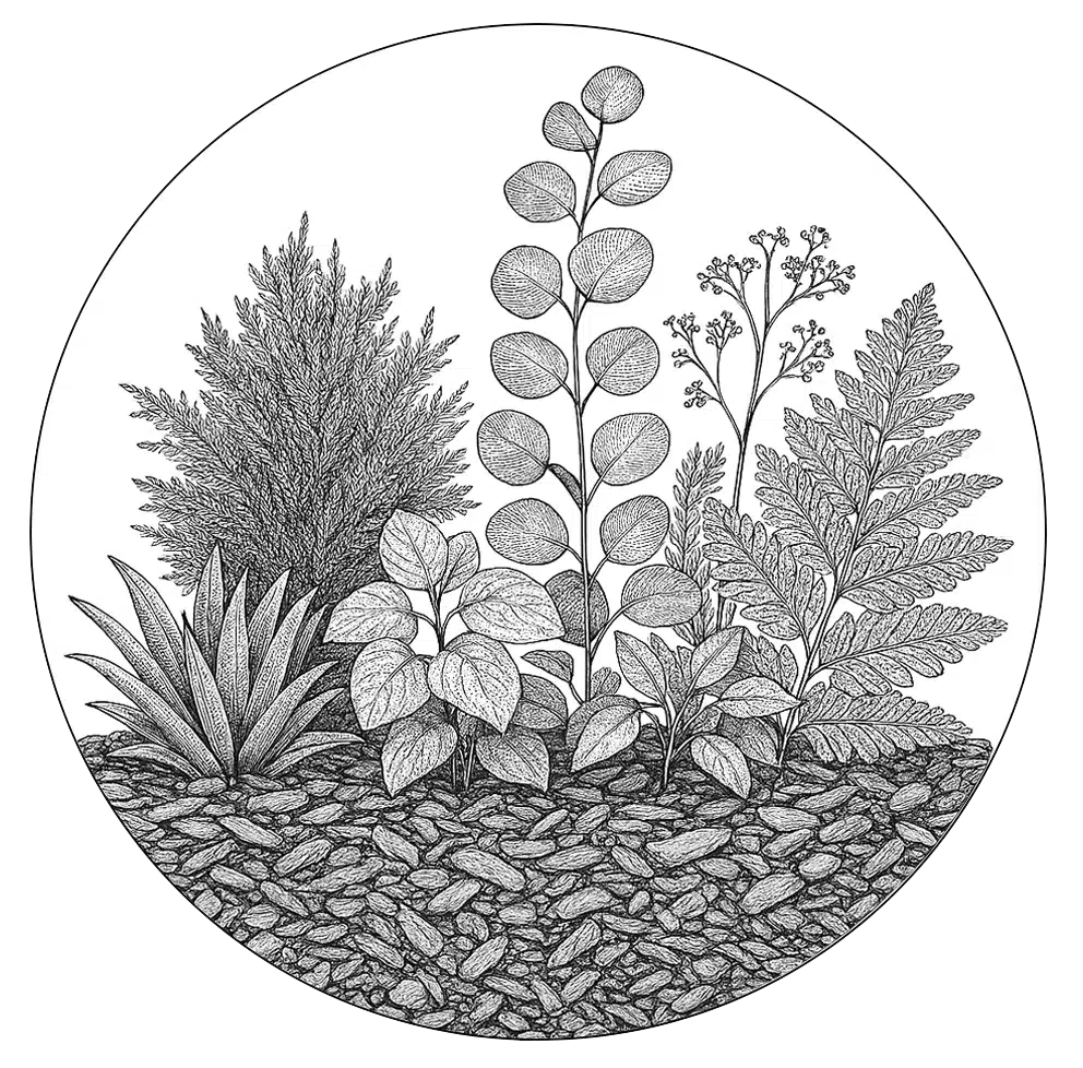 Detailed botanical illustration of various plants.