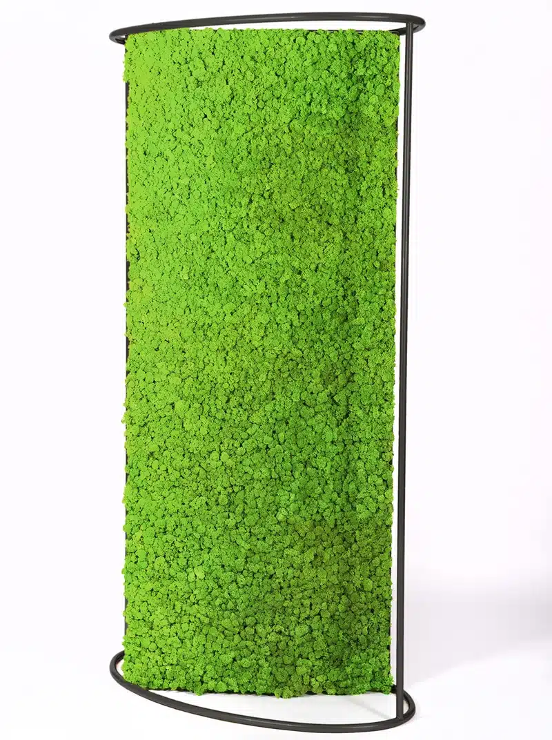 Curved green moss panel with metal frame.