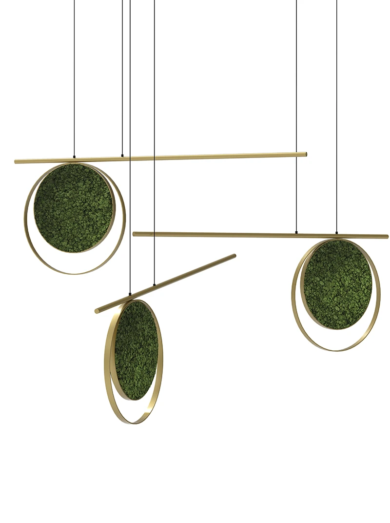 Modern hanging lamp with circular green accents.