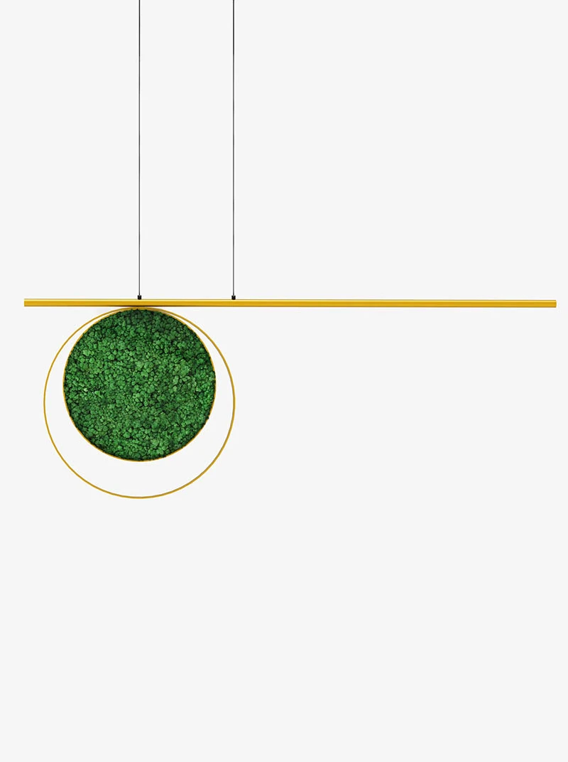 Modern hanging lamp with gold and green design.