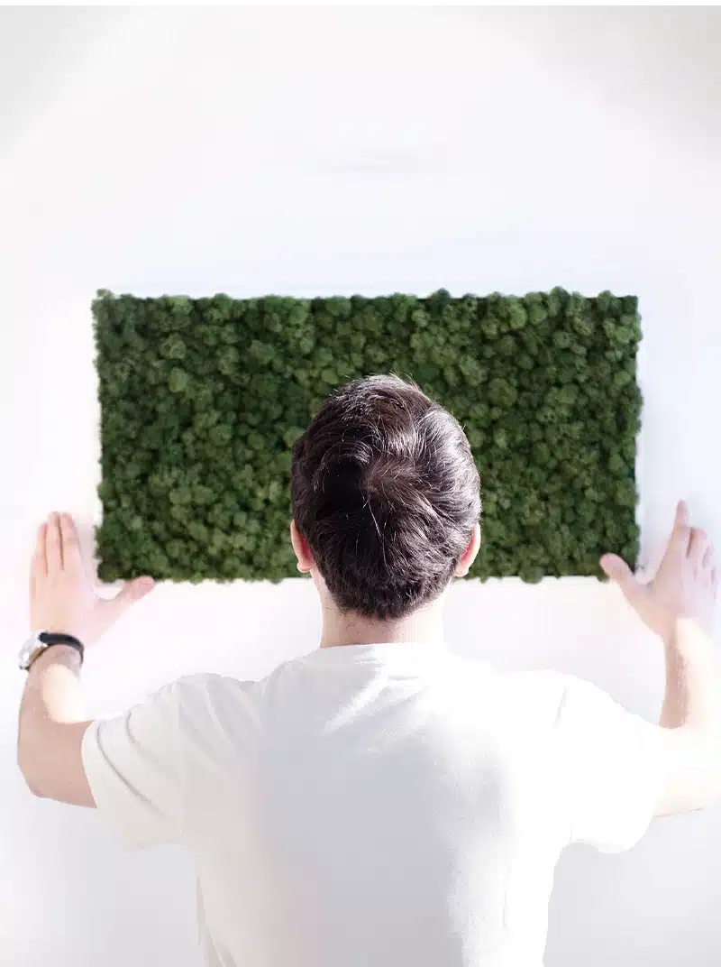 Person adjusting rectangular green moss wall panel