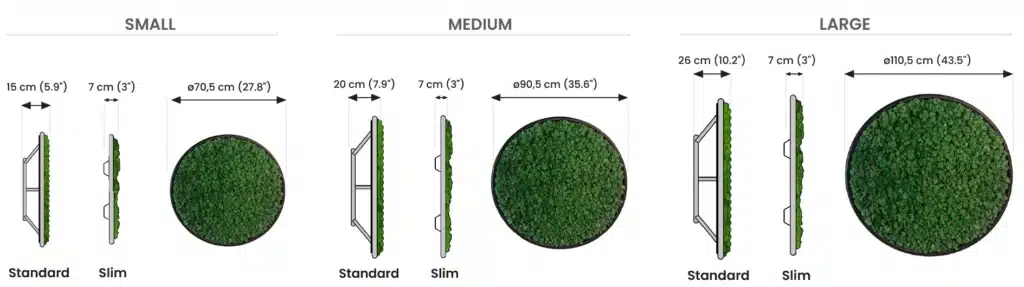Size comparison: small, medium, large moss wall decor.