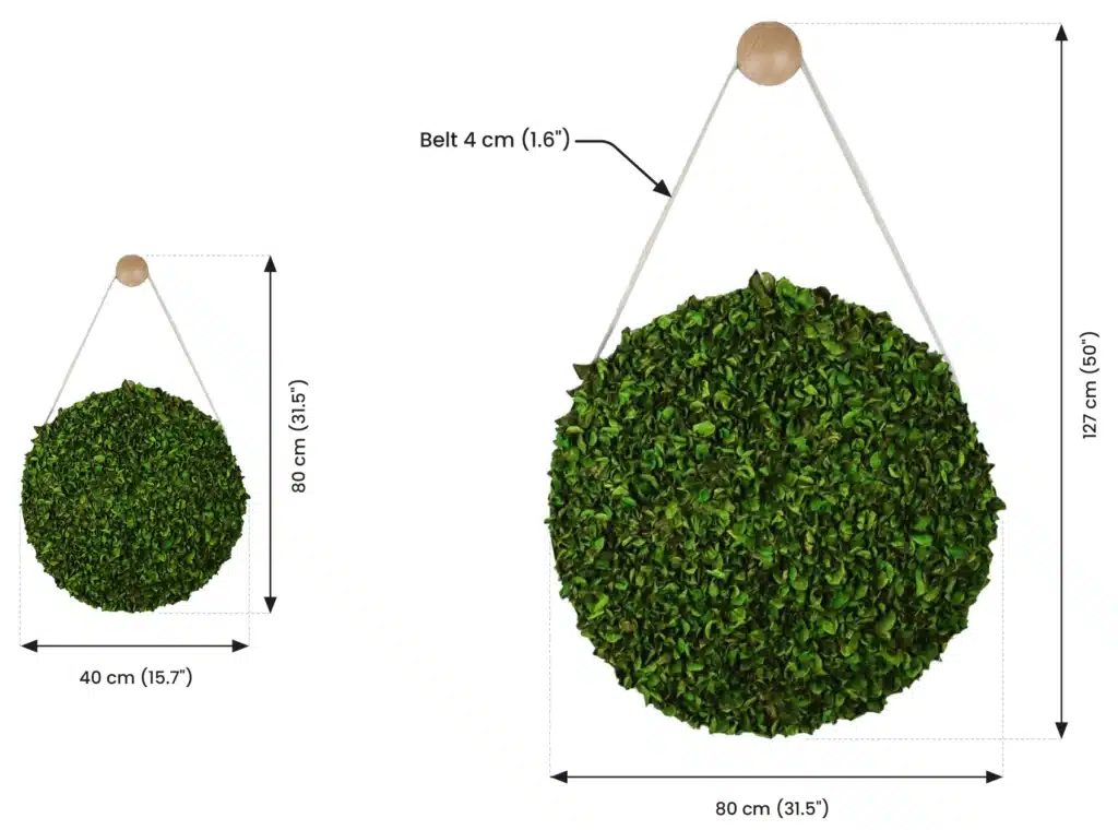 Two green circular wall hangings with dimensions.