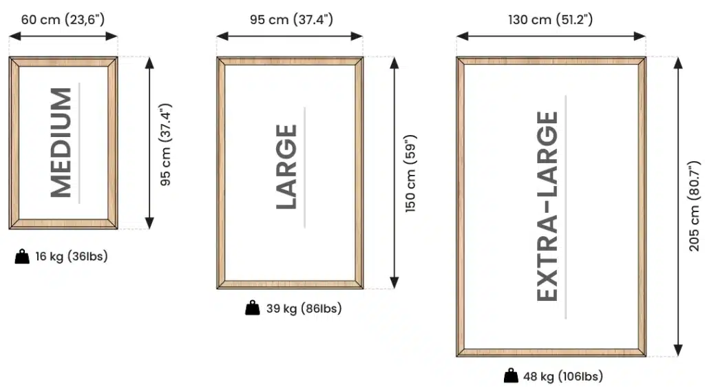 Medium, large, extra-large metal frames with sizes, weights.