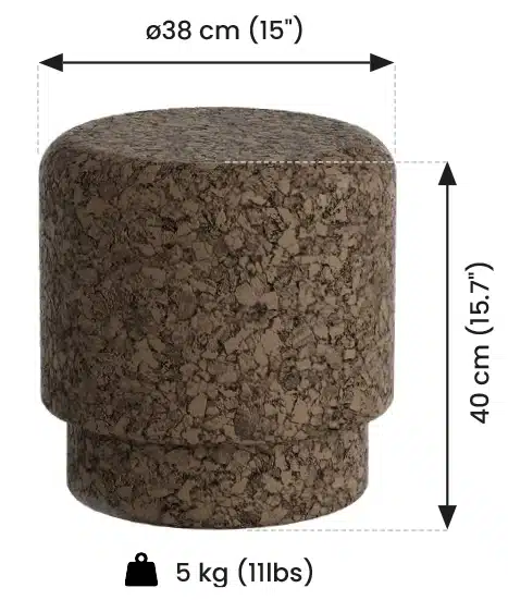 Brown cylindrical cork stool dimensions and weight.