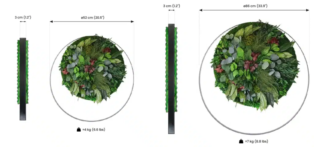 Round artificial plant wall art dimensions and weight.